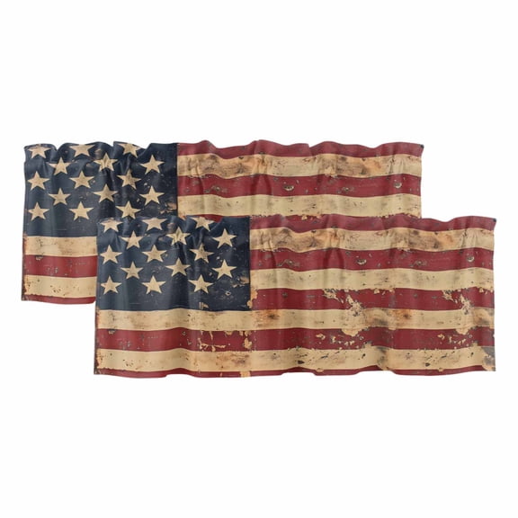 Vintage American Flag Valances for Windows, Decorative Rod Pocket Window Valance Curtains, Retro US Flag White Red Blue Short Curtain Drapes for Kitchen/Bathroom/Living Room, 2 Panels, 42" W x 12" L
