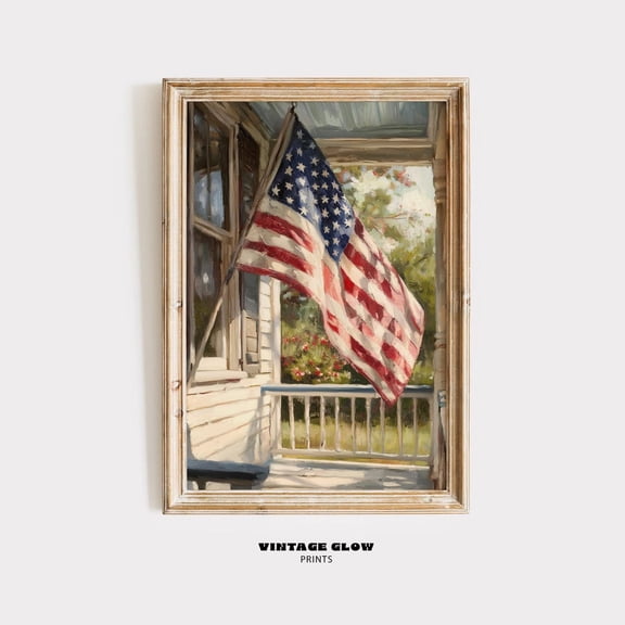 Vintage American Flag Wall Art Print, Rustic Patriotic Decor, 4Th Of July Porch Painting, Independence Day Poster, #V178 UNFRAMED PAPER POSTER, Home Decor, Vintage Gift, Living Room Dercor