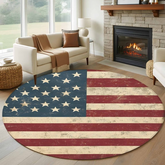 Vintage American Flag Washable Round Area Rug 5 ft, Red Beige Stripes Retro Star, Soft Non Slip Rugs Stain Repellent Indoor Felt Carpet for Living Dining Room Bedroom Home Office