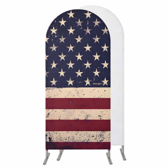 Vintage American Flag Wedding Arch Cover, Stretchy Spandex Arch Backdrop Stand Covers 6 FT, Retro Rustic USA Flag Round Top Arched Backdrop Cover for Birthday Party Ceremony Baby Shower Event