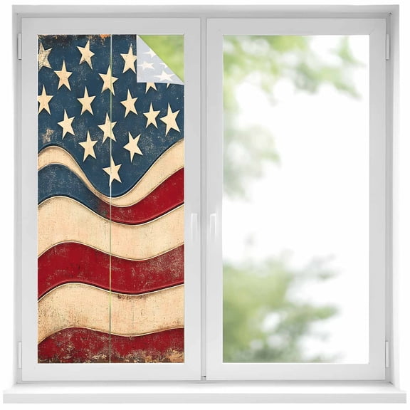 Vintage American Flag Window Privacy Film, Blue Red White Star US Flag Static Cling UV Sun Blocking Heat Control Window Tint Day and Night, Non-Adhesive One Way Windows Privacy Cover 19.6''x39.3''