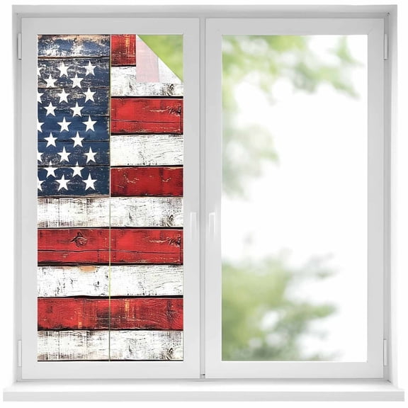 Vintage American Flag Window Privacy Film, Country Wooden USA Flag Static Cling UV Sun Blocking Heat Control Window Tint Day and Night, Non-Adhesive One Way Windows Privacy Cover 17.7''x39.3''