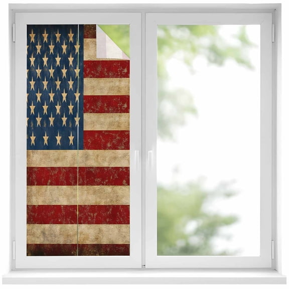 Vintage American Flag Window Privacy Film, Retro USA Flag Blue Red Static Cling UV Sun Blocking Heat Control Window Tint Day and Night, Non-Adhesive One Way Windows Privacy Cover 19.6''x39.3''