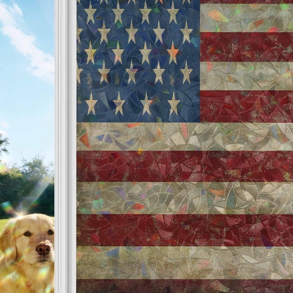 Vintage American Flag Window Privacy Film Stain Glass,Reusable Decorative Rainbow Window Film,Retro USA Flag Blue Red Static Cling Sun Blocking Stickers Decals Covers 19.6" x 39.3" (2pcs)