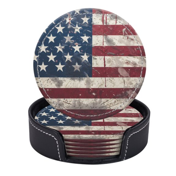 PU Leather Coasters for Drinks Bar Beer,Set of 6 with Holder,Round Housewarming Gift,Vintage American Flag With Distressed And Weathered Texture