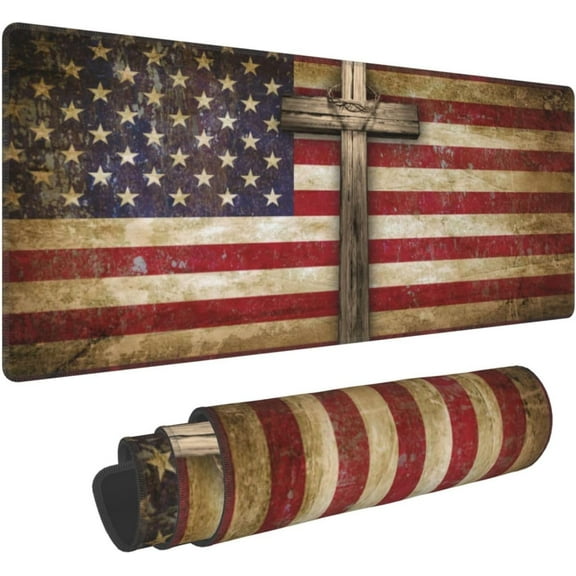 Vintage American Flag Wood Cross Mouse Pad 31.5x11.8 in Desk Accessories Big Extended Non-Slip Rubber Base Mousepad with Stitched Edges Gaming Pc Desktop Large Mouse Pad