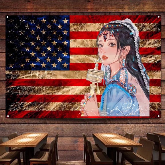 Vintage American Flag with Tibetan Girl Art Poster Tapestry 38" x 57" Wall Hanging Banner