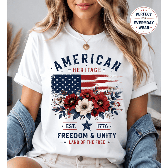 Vintage American Heritage Floral Flag T-Shirt – USA 1776 Freedom Unity Patriotic Graphic Tee for Women