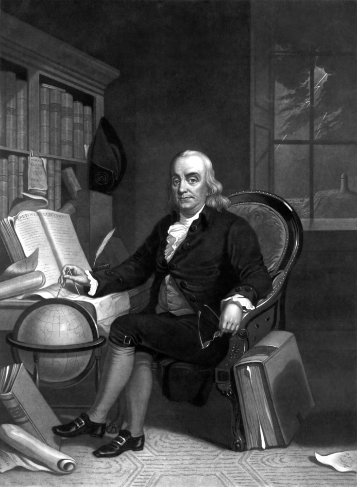 Vintage American History print of Benjamin Franklin doing research in his study Canvas Art - John ParrotStocktrek Images (25 x 33)