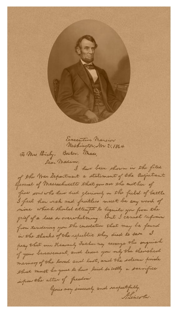 Vintage American History print of President Abraham Lincoln and his letter to Mrs Bixby Canvas Art - John ParrotStocktrek Images (22 x 38)