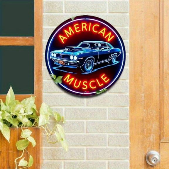 Vintage American Muscle Car Neon Sign, Round Neon Sign, LED Light Sign, Decorative Neon Sign for Garage, Man Cave, Beach House