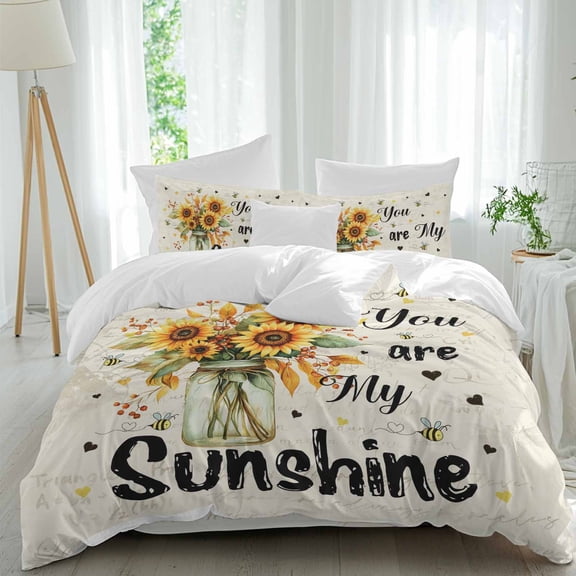 Vintage American Pastoral Duvet Cover Set Twin Size, Sunflower Bee Farm 4 Piece Soft Microfiber Bedding Set with 1 Duvet Cover, 1 Flat Sheet, 2 Pillowcases