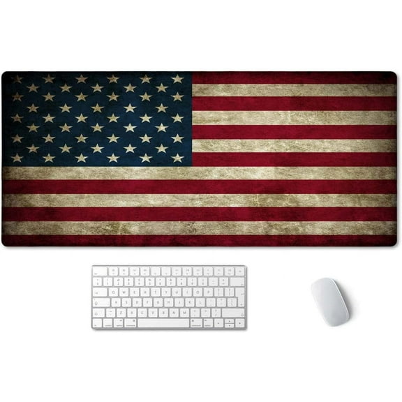 Vintage American Patriotic US Flag Mouse Pad 35.4 x 15.7 Inch XXL Full Desk Mousepad Extended Large Non-Slip Rubber Base Waterproof Big Keyboard Mat with Stitched Edges for Gaming and Office