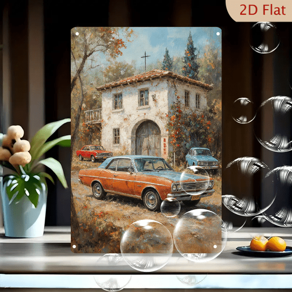 Vintage American Retro Cars in Front of Old House, Rusty Orange Coupe and Blue Sedan, Oil Painting Style Wall Art Print, 8x12 Inches Metal Tin Sign Decor for Home Office Garage