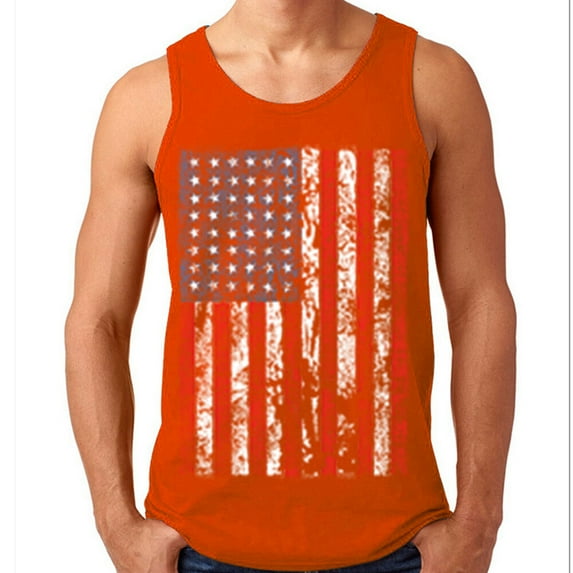 Vintage American USA Flag Distressed Printed Men's Tank Top Color Orange X-Large