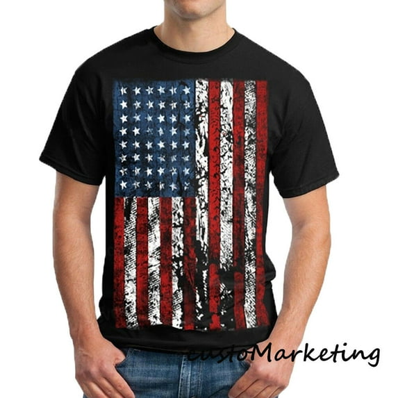Vintage American USA Flag Print Design T-shirt Men's Tee Color Black 2X-Large