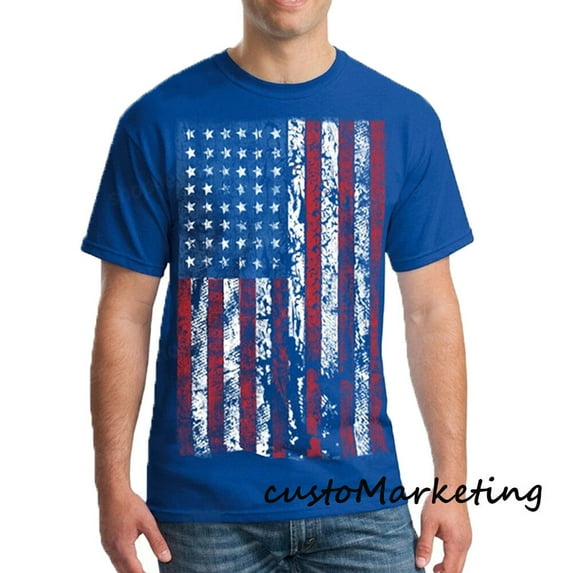 Vintage American USA Flag Print Design T-shirt Men's Tee Color Royal Blue Medium