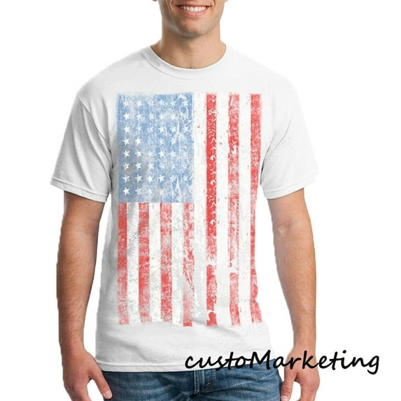 Vintage American USA Flag Print Design T-shirt Men's Tee Color White Small