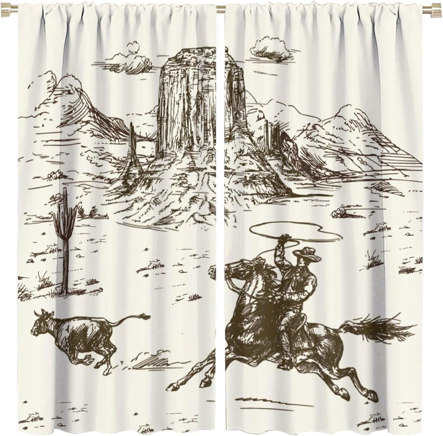 Vintage American Wilderness Western Cowboy Blackout Curtains for Bedroom,Sketch Style Western Cowboy Cacti Room Darkening Window Curtains with Rod Pocket - 2 Panels 84" L x 42" W