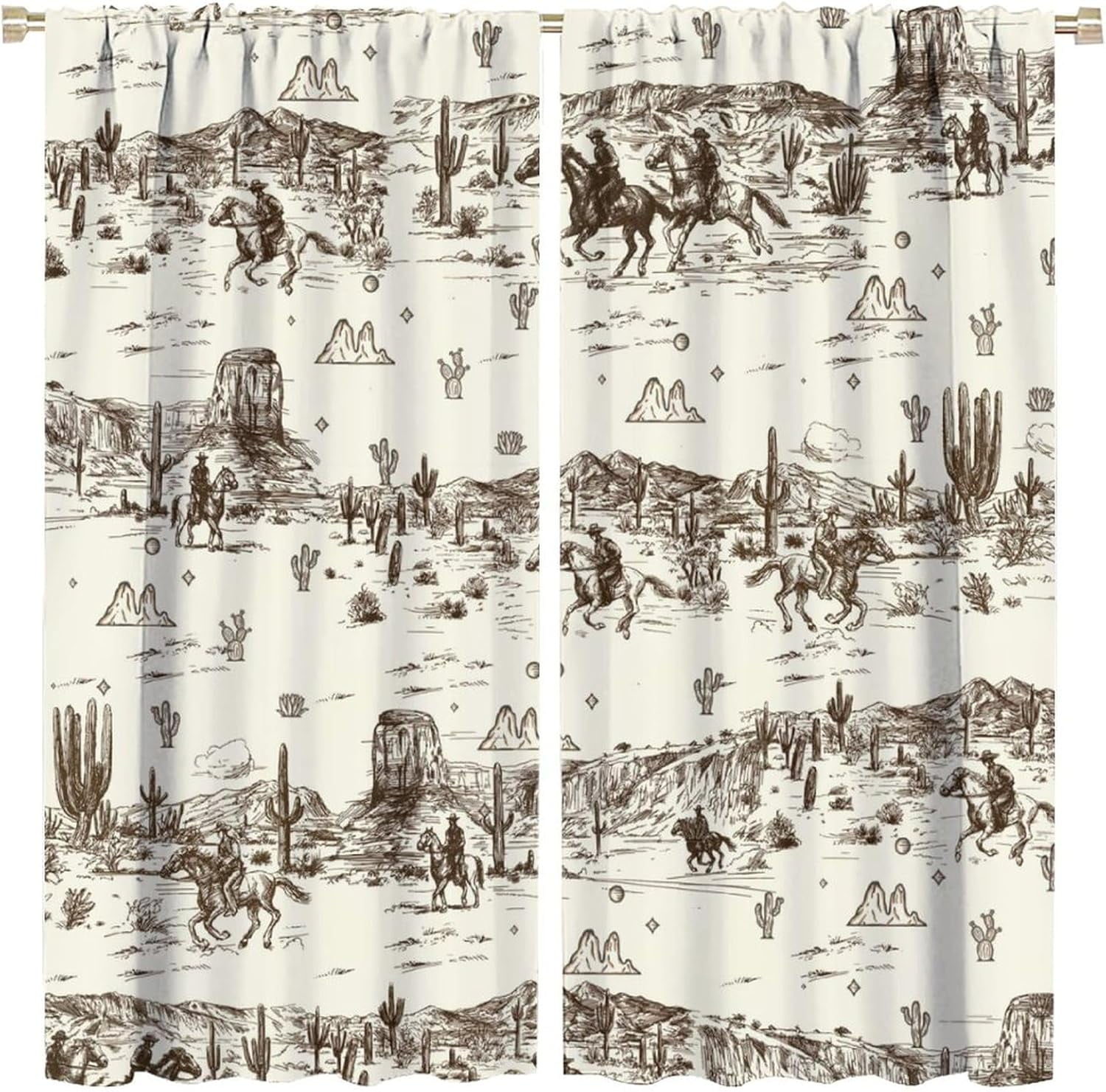 Vintage American Wilderness Western Cowboy Blackout Curtains for Bedroom,Sketch Style Western Cowboy Cacti Room Darkening Window Curtains with Rod Pocket - 2 Panels 84" L x 42" W