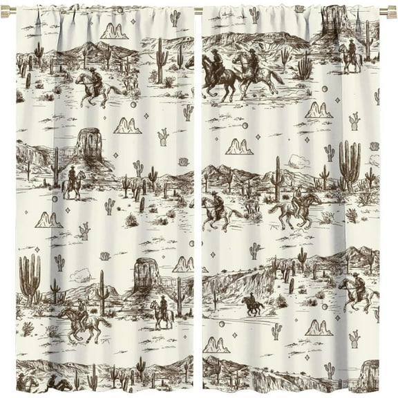 Vintage American Wilderness Western Cowboy Blackout Curtains for Bedroom,Sketch Style Western Cowboy Cacti Room Darkening Window Curtains with Rod Pocket - 2 Panels 84" L x 42" W