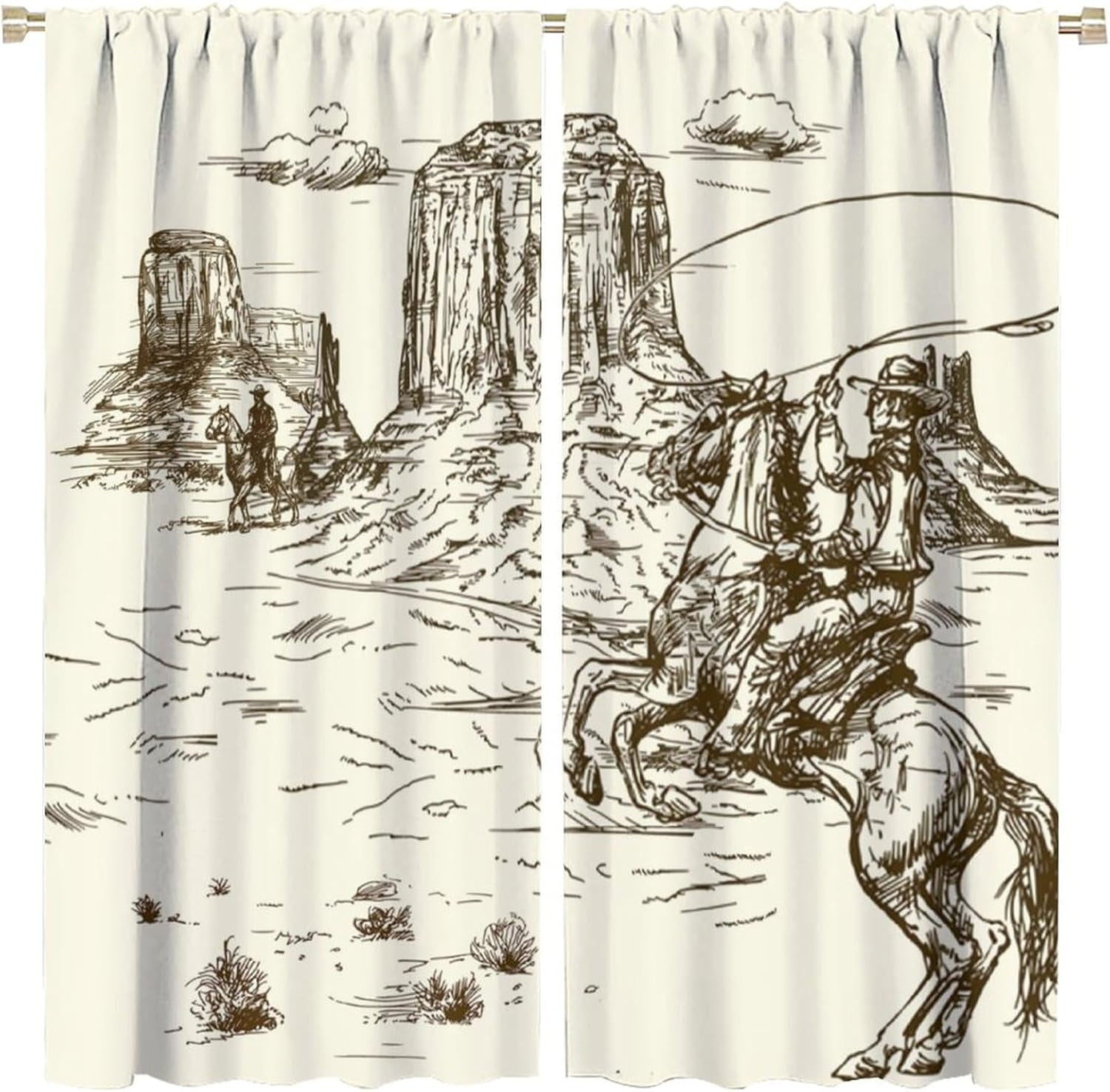 Vintage American Wilderness Western Cowboy Blackout Curtains for Bedroom,Sketch Style Western Cowboy Cacti Room Darkening Window Curtains with Rod Pocket - 2 Panels 84" L x 42" W