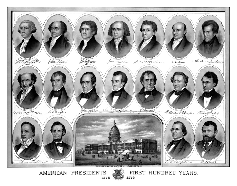 Vintage American history print of the first eighteen Presidents of The United States Canvas Art - John ParrotStocktrek Images (16 x 13)