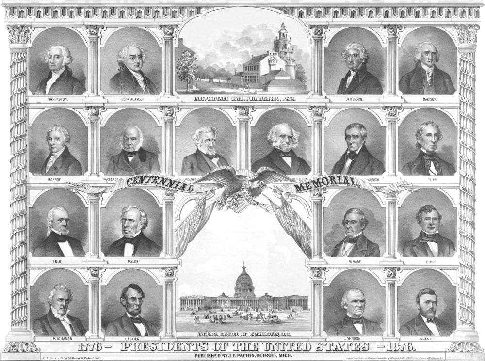 Vintage American history print of the first eighteen Presidents of The United States Canvas Art - John ParrotStocktrek Images (17 x 13)
