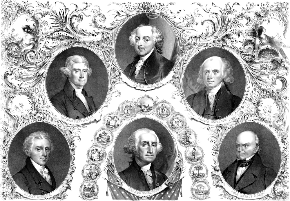 Vintage American history print showing the first six Presidents of The United States Canvas Art - John ParrotStocktrek Images (34 x 24)