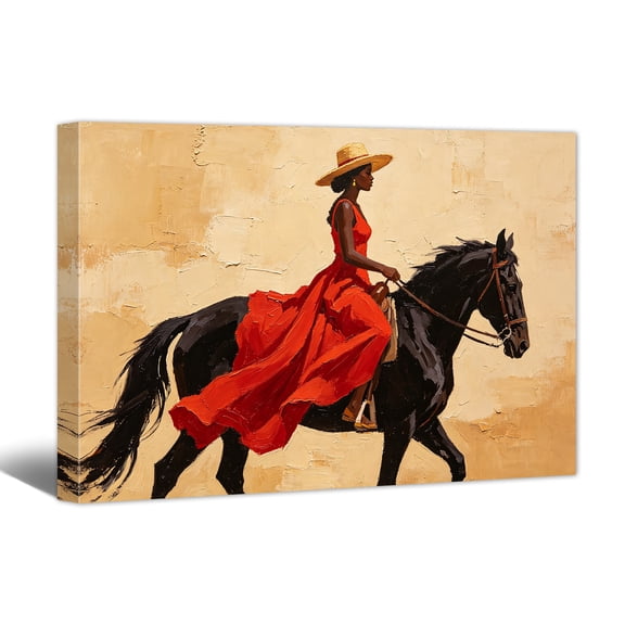 Vintage Americana Art Canvas Print Cowgirl Riding Horse Painting Wall Art Abstract Western Oil Artwork Home Decor for Living Room Bedroom Bathroom,12x18"