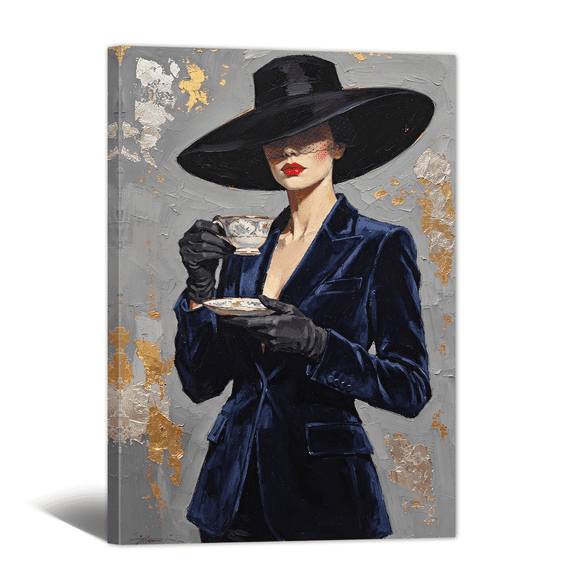 Vintage Americana Art Canvas Print Fashion Wide Brim Hat Lady Wall Art Textured Gold Foil Retro Artwork Paintings for Living Room Bedroom Home Office Decor