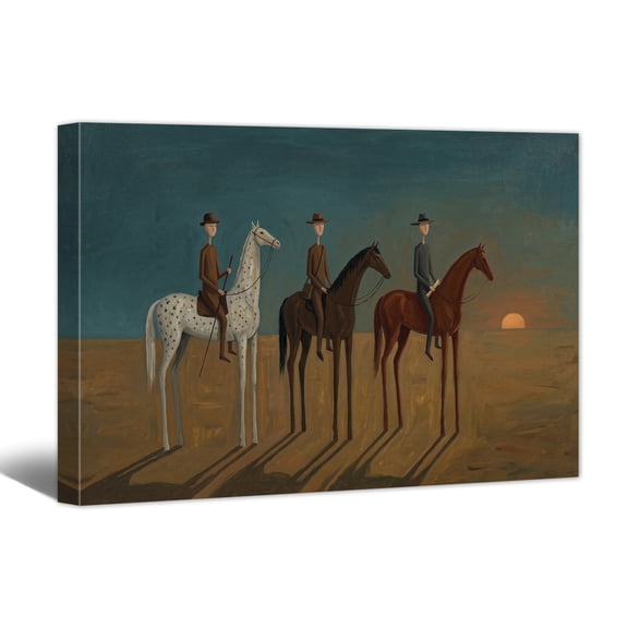 Vintage Americana Art Canvas Print Sunset Riding Horses Painting Wall Art Horizontal Western Cowboy Artwork for Living Room Bedroom Home Office Decor,18x12"