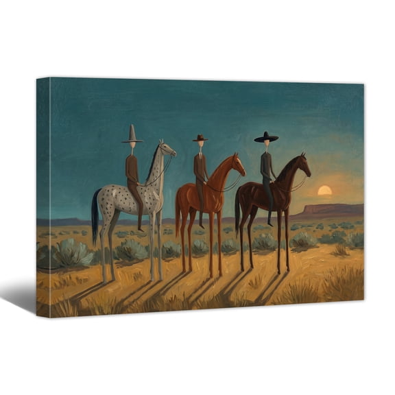 Vintage Americana Art Canvas Print Sunset Riding Horses Painting Wall Art Horizontal Western Cowboy Artwork for Living Room Bedroom Home Office Decor