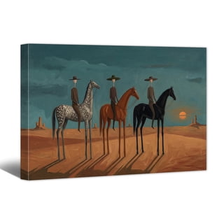 Vintage Americana Art Canvas Print Sunset Riding Horses Painting Wall Art Horizontal Western Cowboy Artwork for Living Room Bedroom Home Office Decor