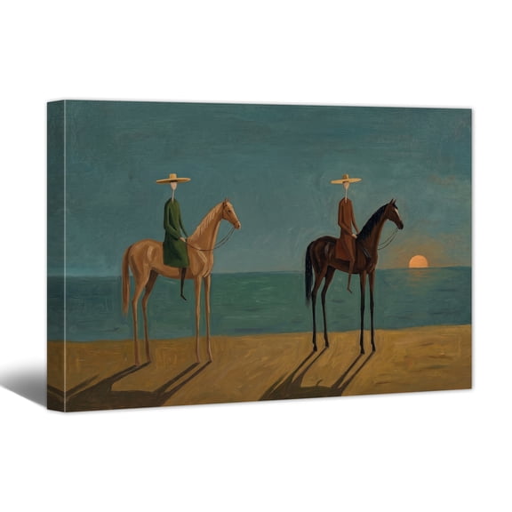 Vintage Americana Art Canvas Print Two Cowboys On Horses Painting Wall Art Abstract Blue Western Desert Landscape Artwork for Living Room Bedroom Bathroom,18x12"