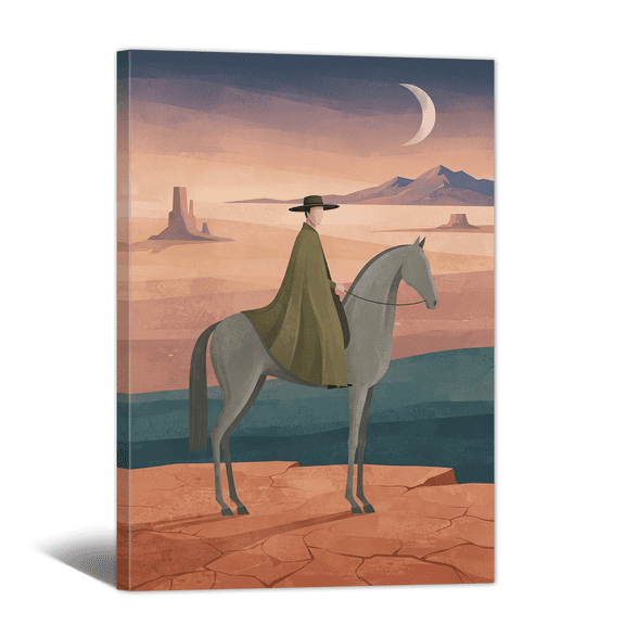 Vintage Americana Art Canvas Prints Lonely Horseman under Moon Painting Soft Abstract Desert Artwork for Living Room Bedroom Home Office Decor