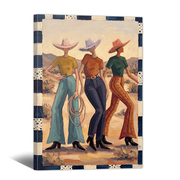 Vintage Americana Art Canvas Wall Art Three Western Cowgirls Canvas Prints Abstract Colorful Retro Ladies Artwork Paintings for Living Room Bedroom Bathroom Home Decor