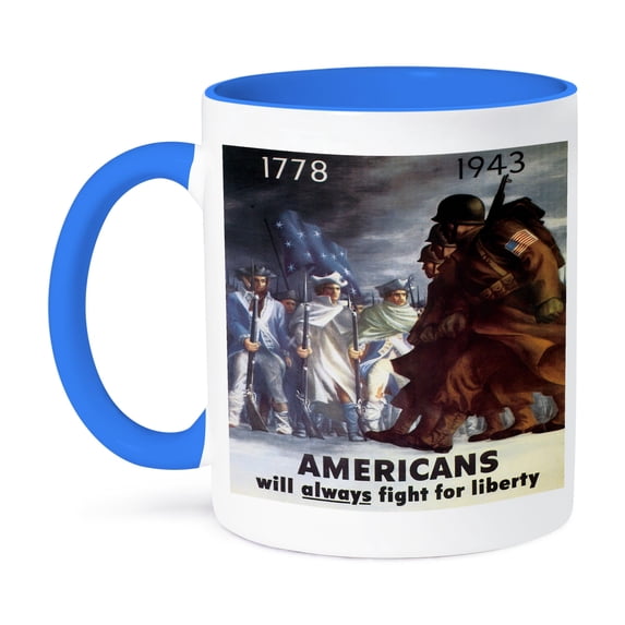3dRose, Vintage Americans will always fight for Liberty 1778 - 1943 Poster, 15oz Two-Tone Blue Mug