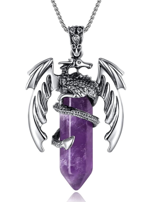 Vintage Amethyst Crystal Healing Stone Necklace for Men Women Dragon Necklace Cool Simple Retro Natural Reiki Spirtural Witch Gemstone Pendant Jewelry
