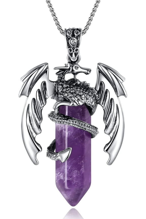 Vintage Amethyst Crystal Healing Stone Necklace for Men Women Dragon Necklace Cool Simple Retro Natural Reiki Spirtural Witch Gemstone Pendant Jewelry