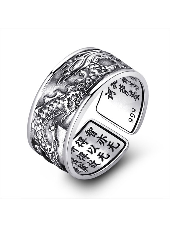 Vintage Amulet Buddhist Chinese Letter Opening Rings Men&Women Jewelry Buddhistic Heart Sutra Rings