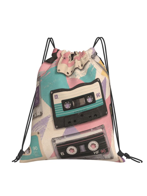 Vintage Analog Cassette Pattern Large Drawstring Backpack Casual Cinch Sack Bag Backpack for Sports Hiking Travel Gym