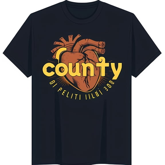 Vintage Anatomical Heart Graphic Black T-Shirt with 'County' Design