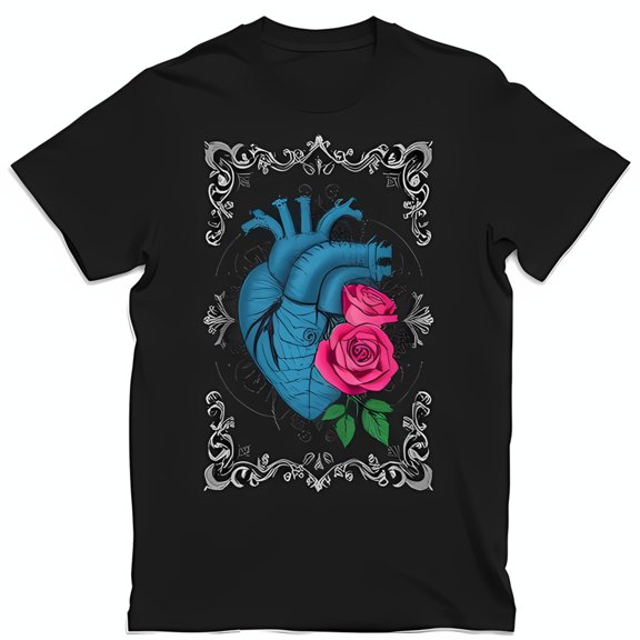 Vintage Anatomical Heart and Graphic Black T-Shirt for Unique Style