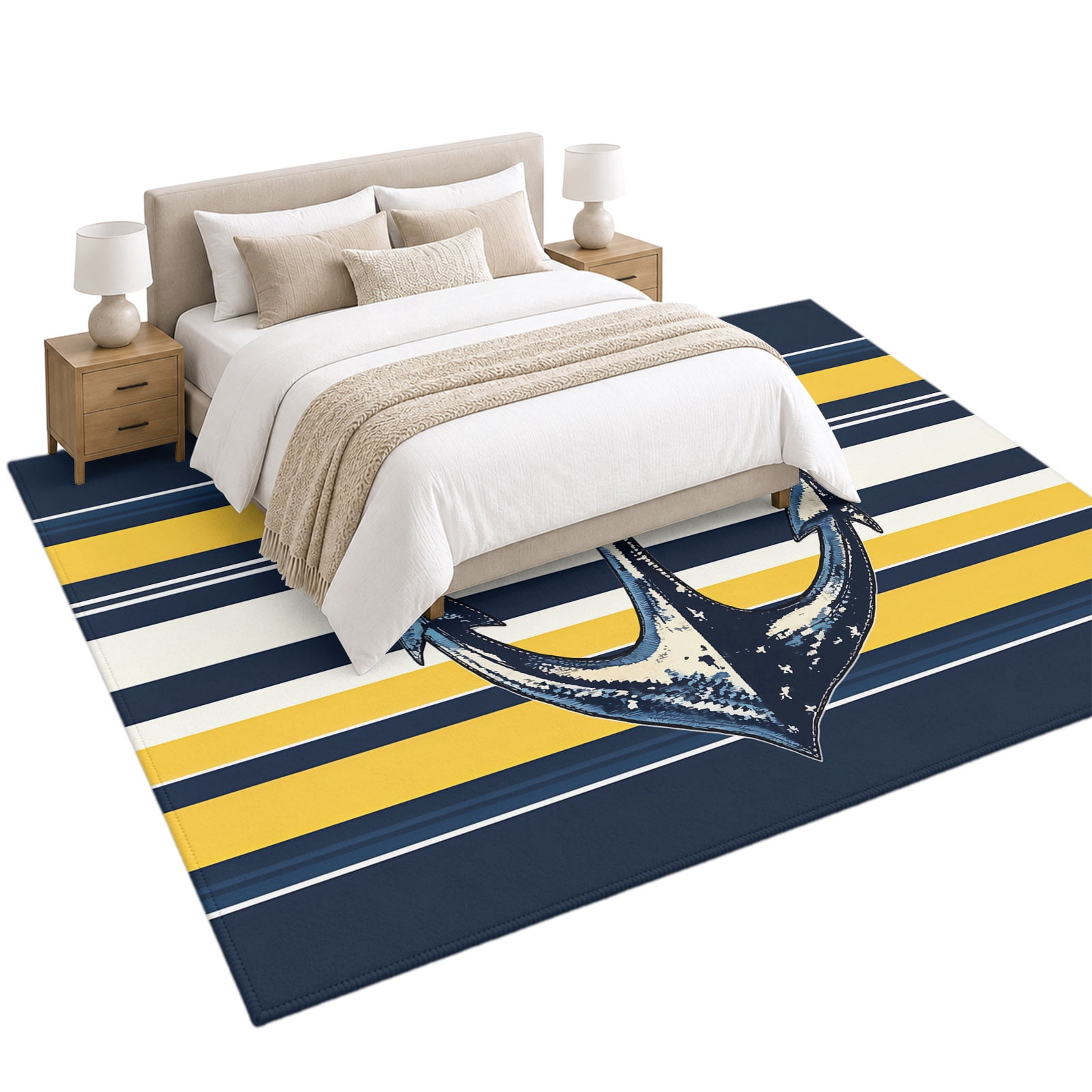 Vintage Anchor Area Rug 5'x7', Yellow Blue Striped Soft Mat Non-Slip ...