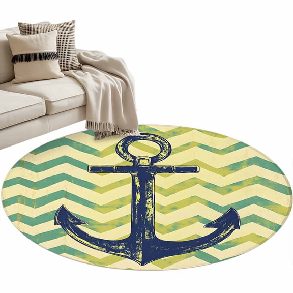 Vintage Anchor Area Rug, Green Retro Watercolor Washable Large Circle Carpet, Non Slip Round Rug for Living Room/Bedroom/Dining Room/Home Office/Dorm