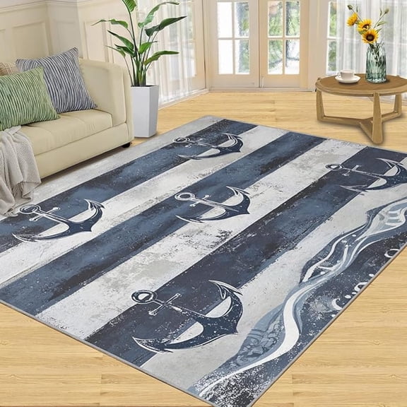 Vintage Anchor Carpet, Distressed Stripes Area Rugs for Bedroom, Anchor Design Rug, Low Pile Breathable Area Rugs for Living Room, Nautical Home Decor & Gifts ﻿ 2 x 3ft