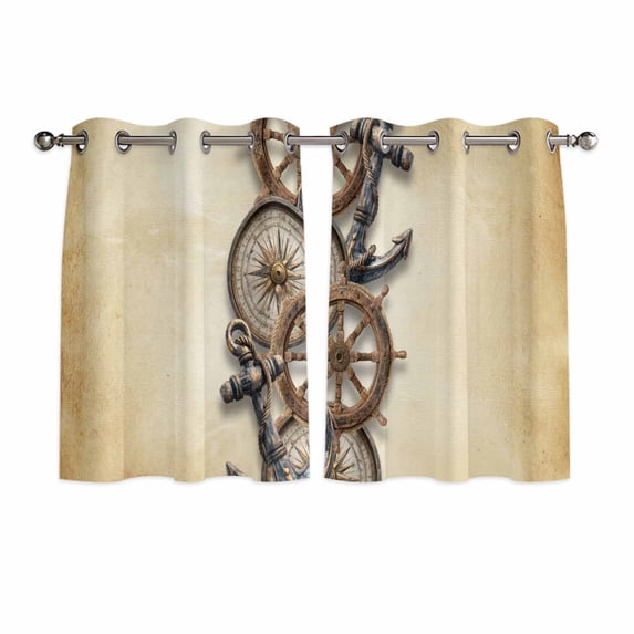 Vintage Anchor Nautical Kitchen Curtains Window Panels, Coastal Compass Brown Insulated Window Treatment Curtain, Grommet Curtains for Bedroom/Living Room/Bathroom, 2 Piece 42"Wx45"L