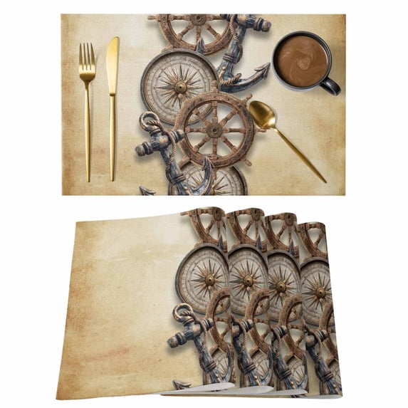 Vintage Anchor Nautical Placemats Set of 6 Coastal Compass Brown Place Mats Indoor Wipeable Table Mats Washable Cloth Dining Table Placemats for Kitchen Holiday Party Home Decor 13x19 Inch