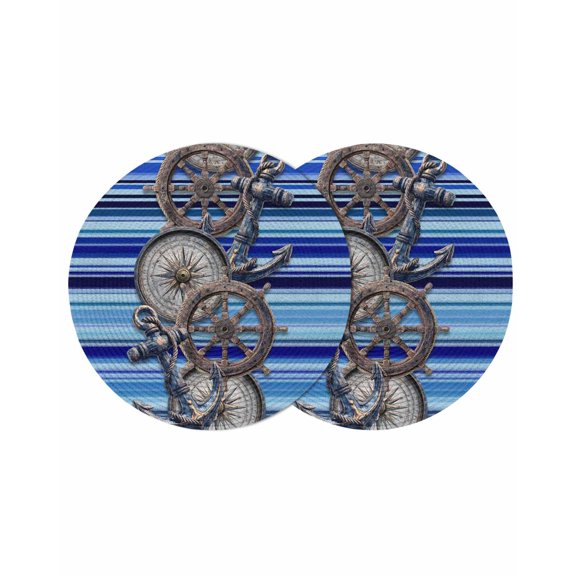 Vintage Anchor Nautical Round 13 Inch Placemats Set of 2, Coastal Blue Striped HeatResistant Non Slip Place Mats for Dining Table, Wipeable Braided Kitchen Table Mats for Housewarming